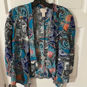 Chico's Teal Multi 100% Linen Paisley Print Open Front Cardigan Size medium
